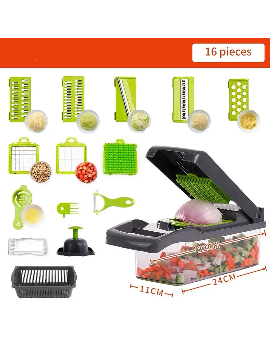 16 in 1 Multifunctional Vegetable Chopper, Cutter, Dicer & Slicer with 8 Interchangeable Blades